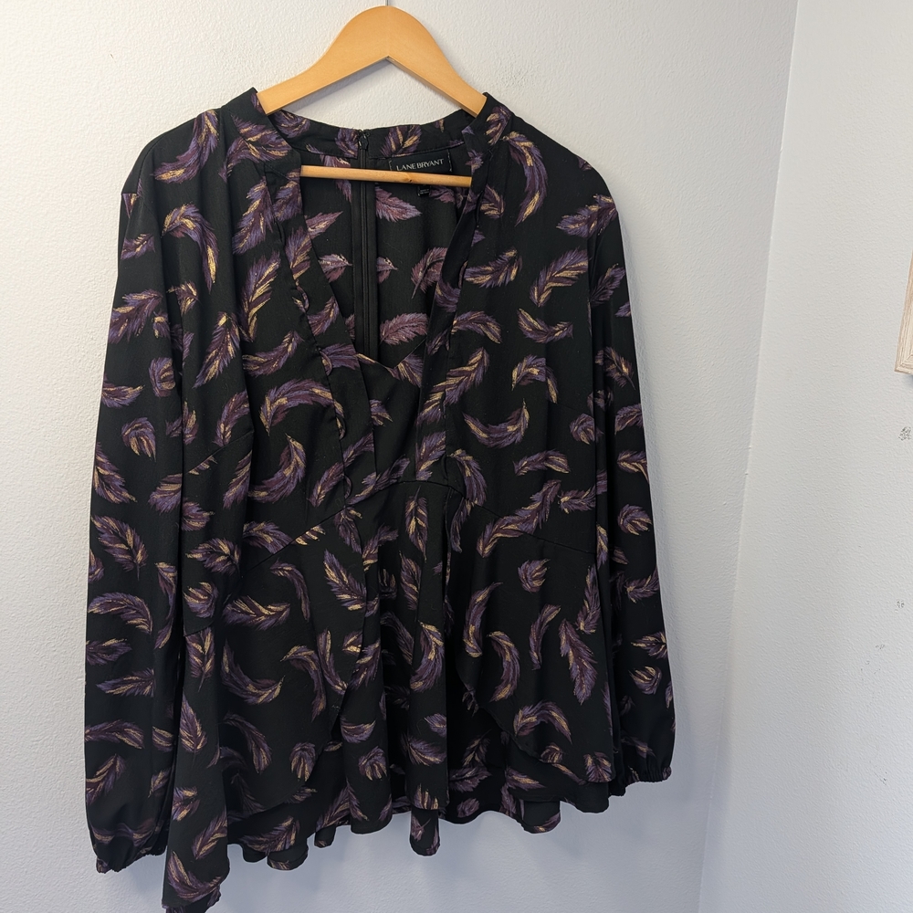 Lane Bryant Size 18 Black Purple Gold Feather Print Blouse Top Witchy Gothic